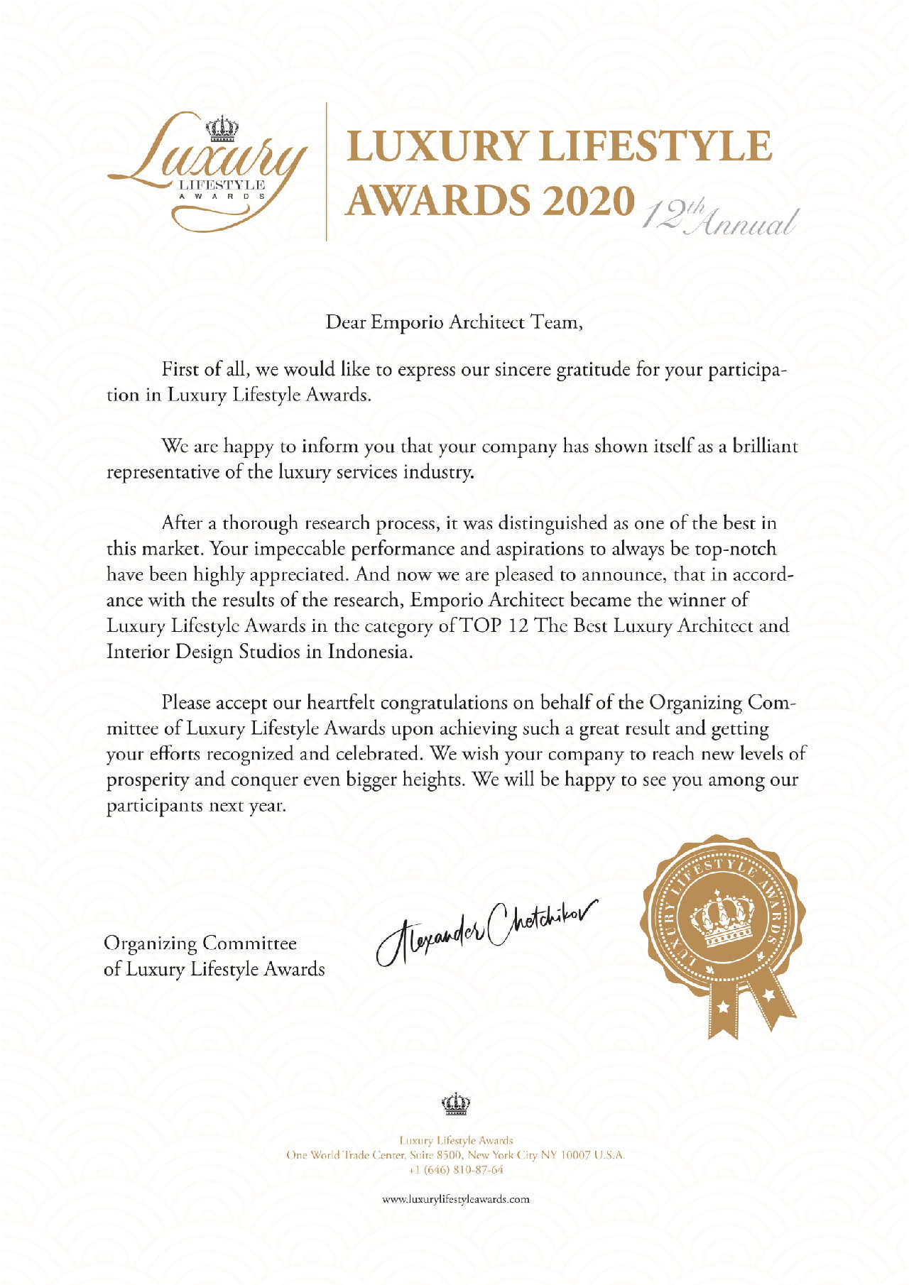 Luxury Lifestye Award 2020 1. Certificate Luxury Lifestye Award 2021